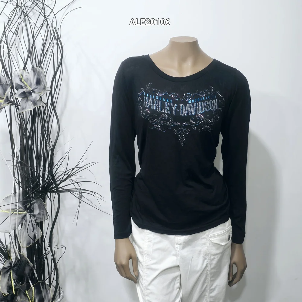 Harley-Davidson women's black translucent long-sleeved t-shirt rhinestone Large - Picture 1 of 17